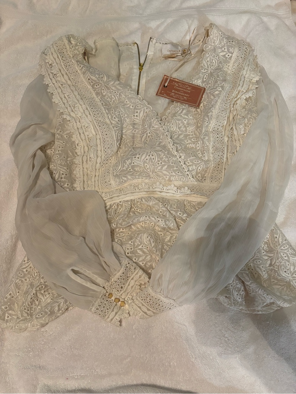 Chiccream Lace V-Neck Blouse with Sheer Sleeves